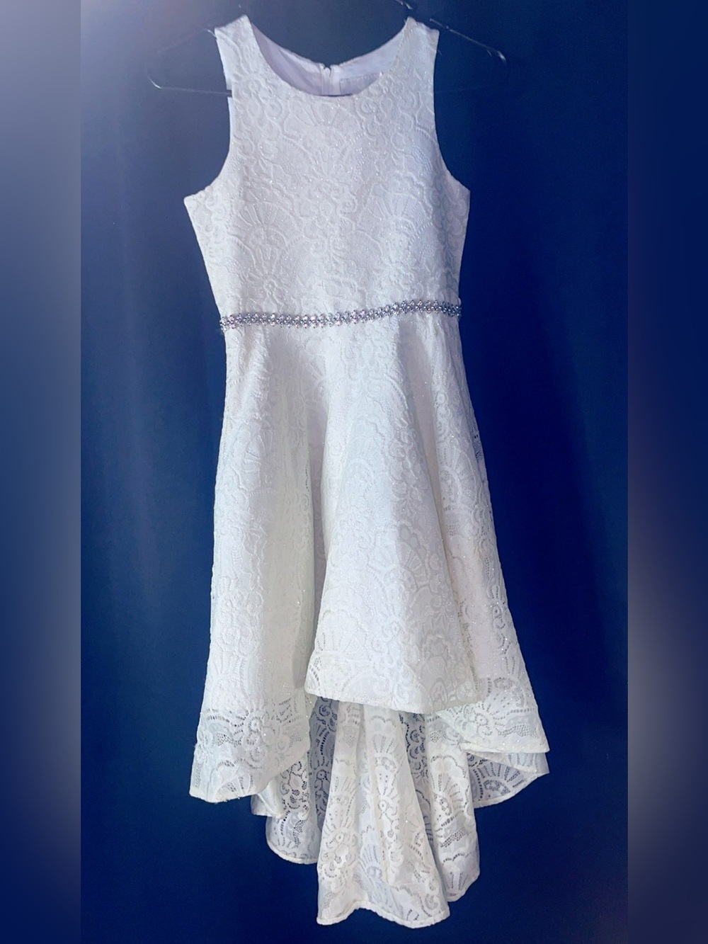 Flower Girl Party Dress 10🩷 Rare Editions White Lace Rhinestone Waist